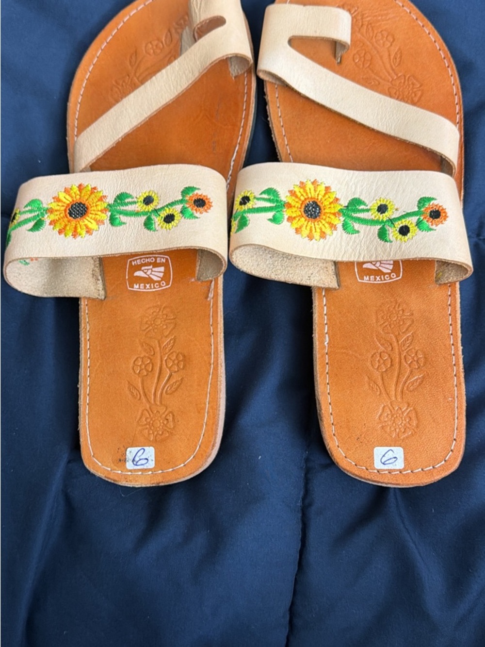 Hand-Embroidered Sunflower Leather Slide Sandals